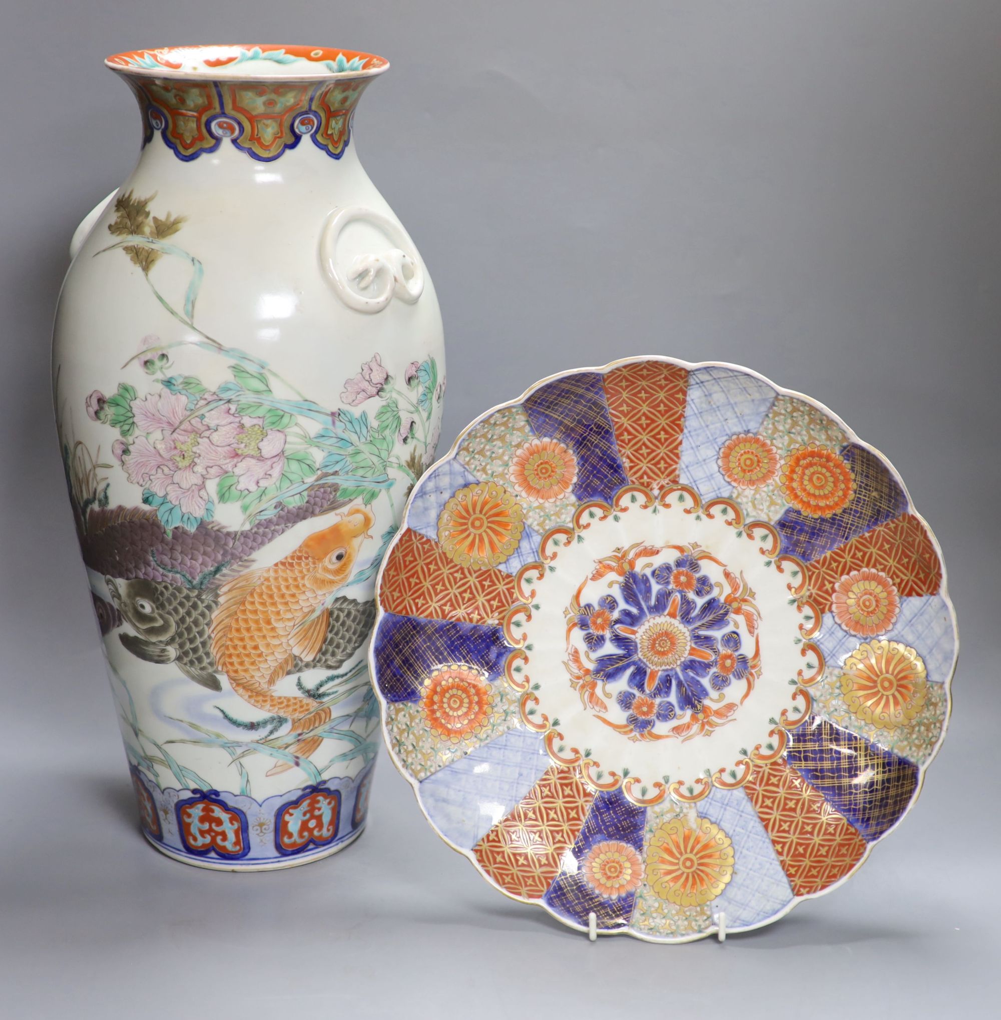 A Japanese Fukagawa koransha carp vase and a similar Imari dish, tallest 45cm